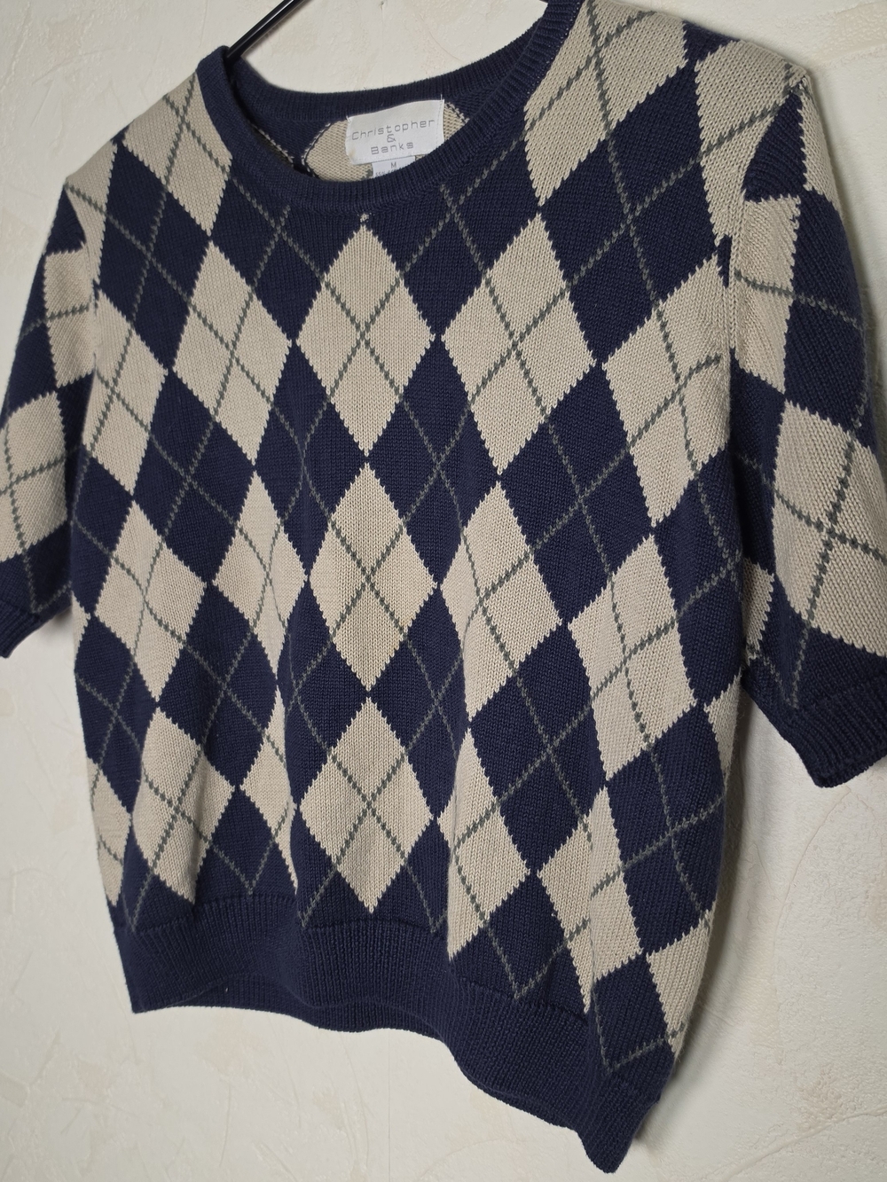 Cropped Argyle Short Sleeve Crewneck Sweater by Christopher & Banks Size Medium